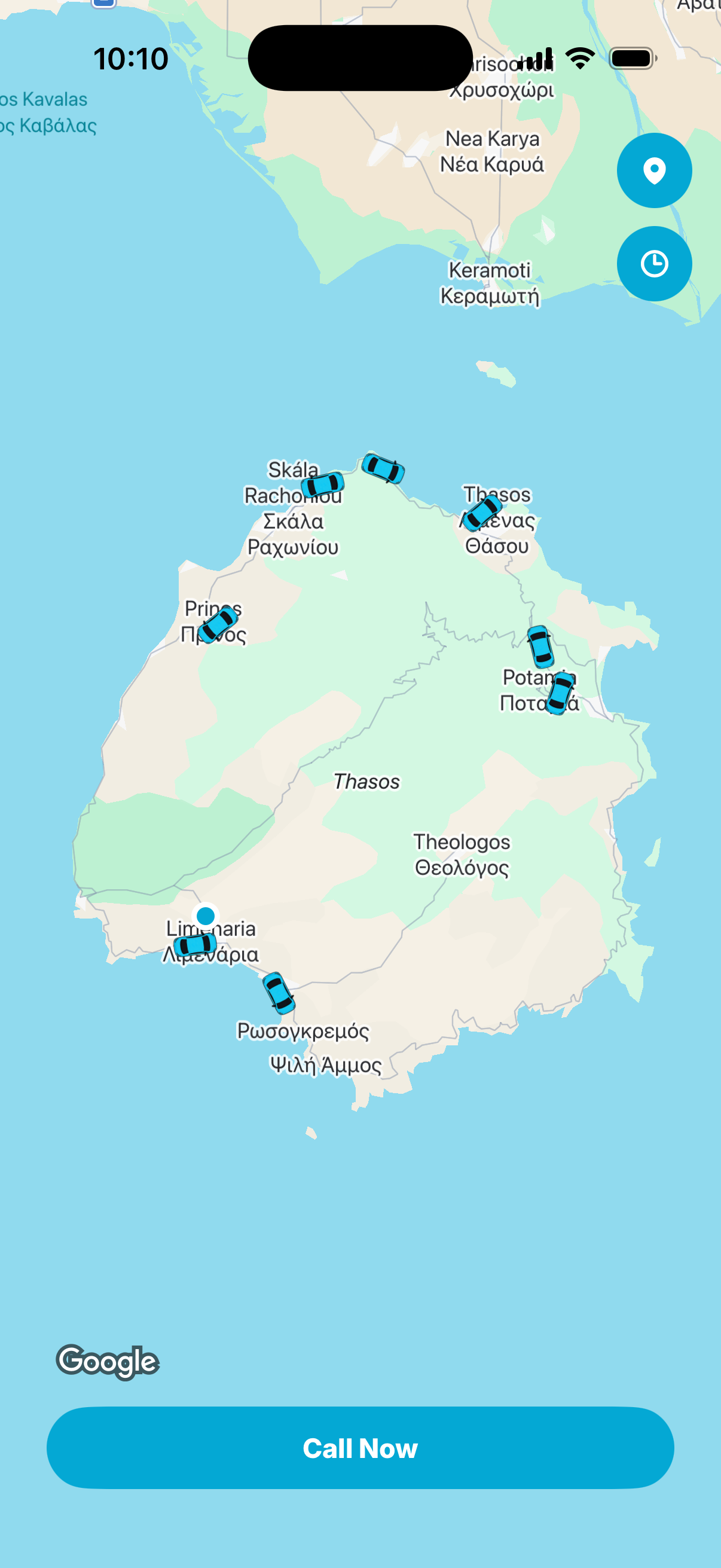 GoFast app showing live taxis on the map with a Call Now button