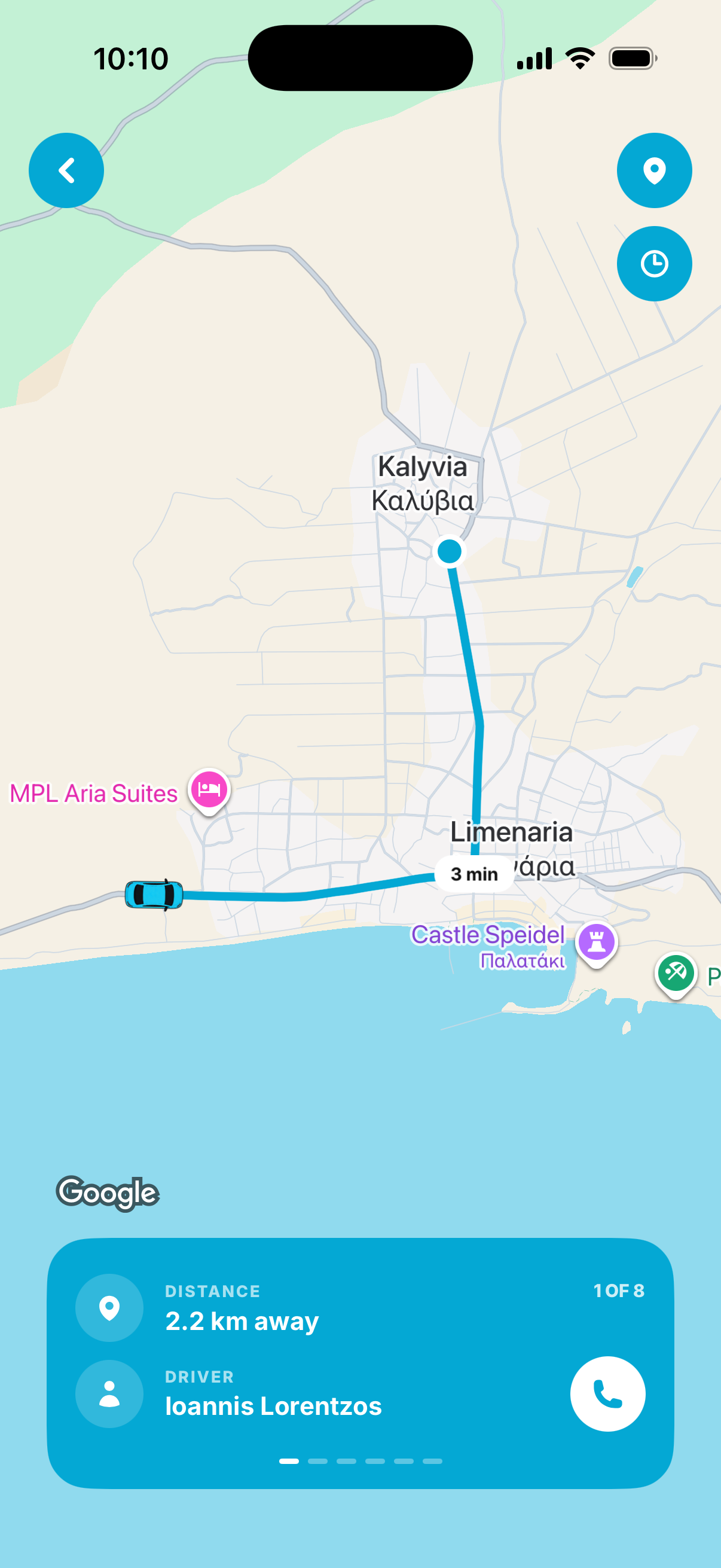 GoFast app showing driver details with distance and call button